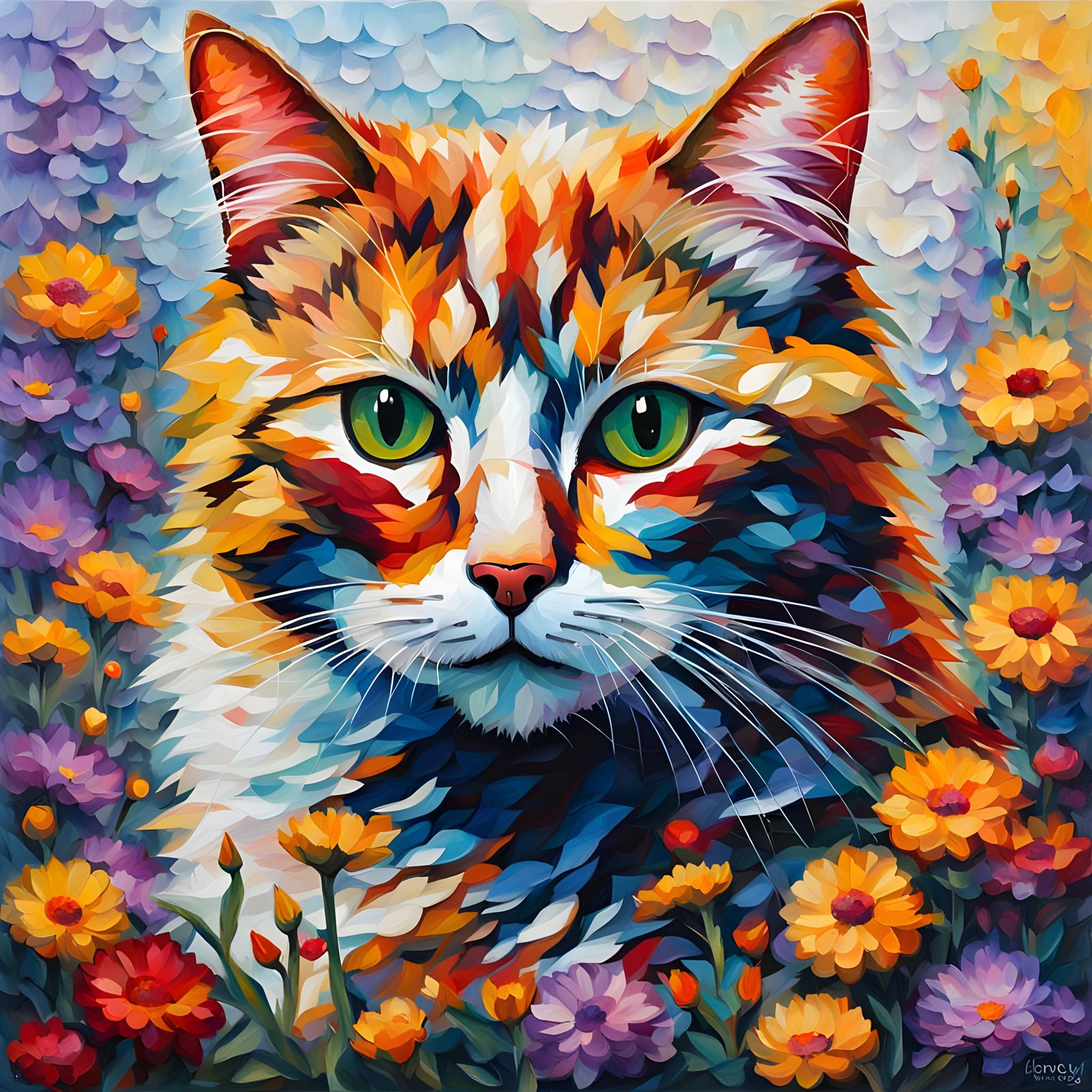 Floral Cat Double Exposure in Expressionist Oil