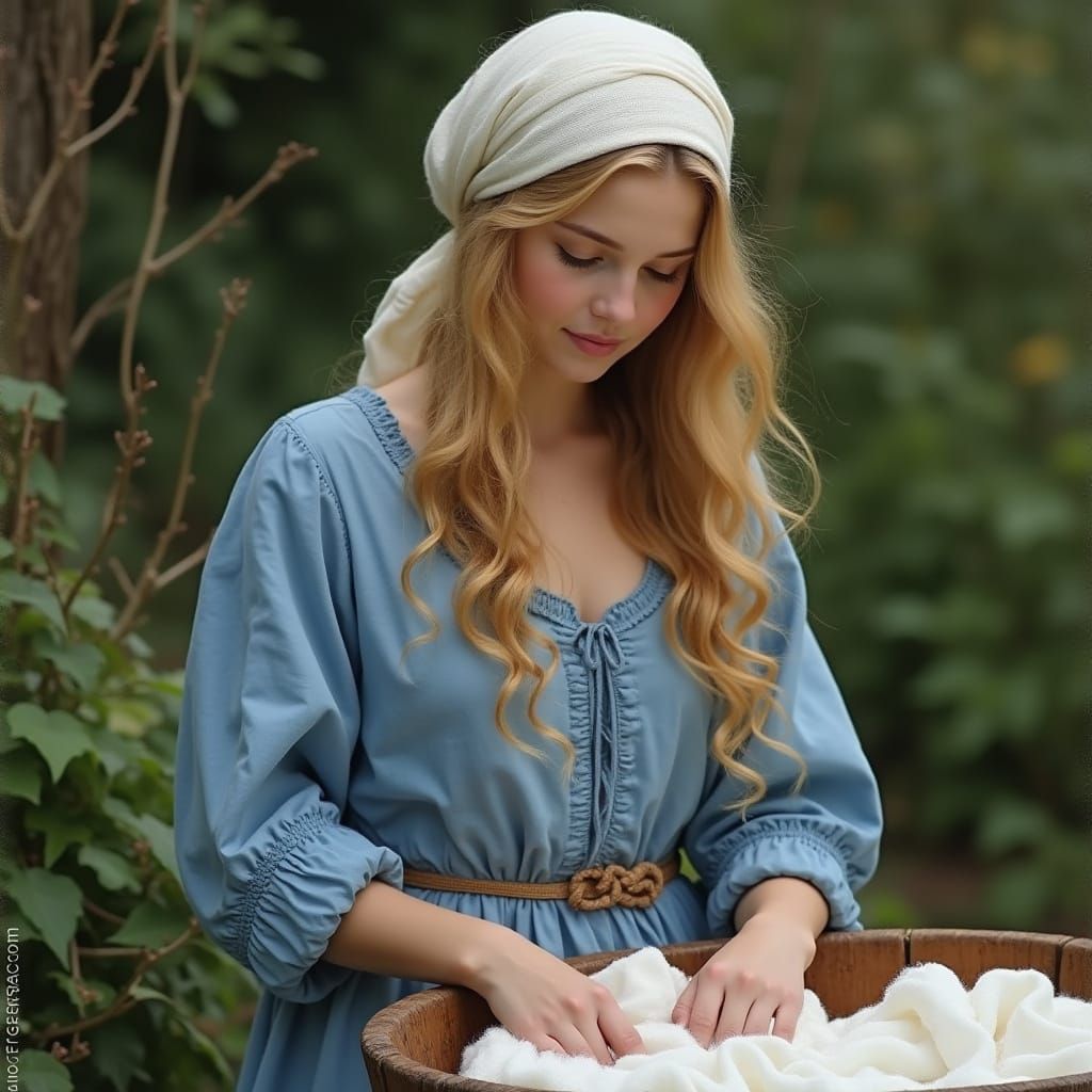 Peasant Woman Washing Clothes in Golden Light