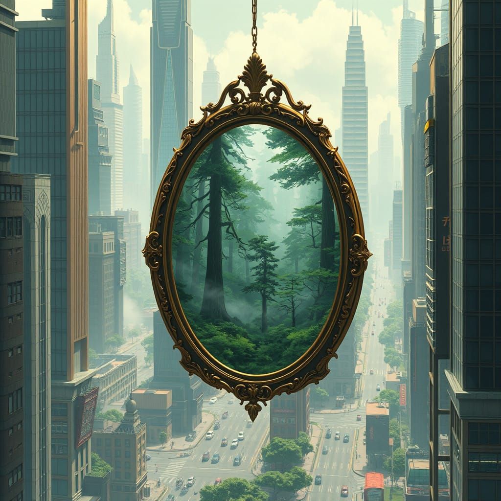 Futuristic Metropolis Reflected in a Whimsical Forest