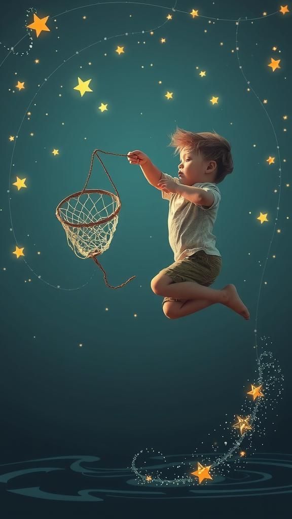 Boy Catches Stars with Fishing Net