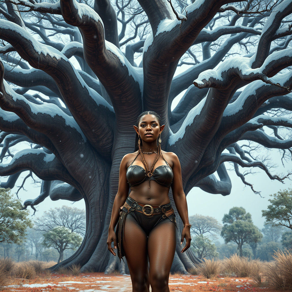 African Elf in Snowy Savannah: Matte Painting