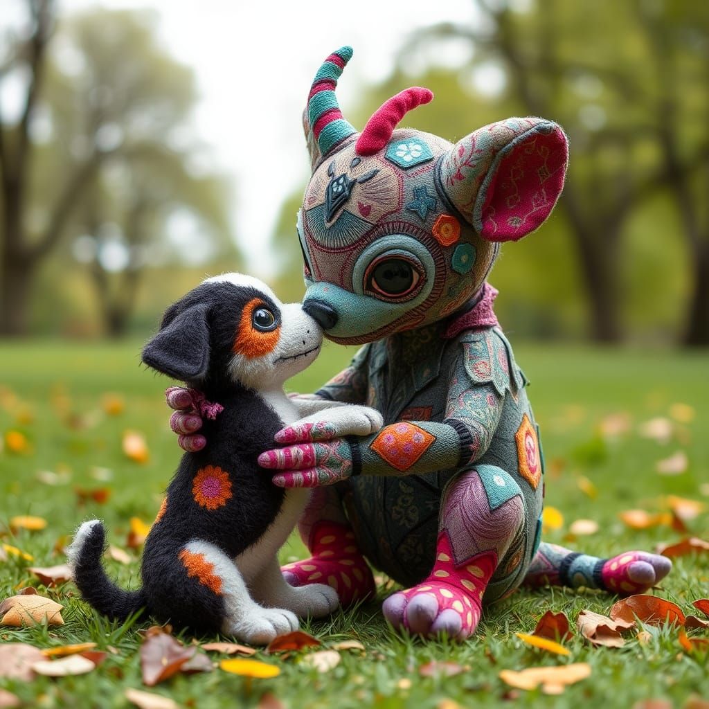 Cute Plush Creature with Puppy in Park