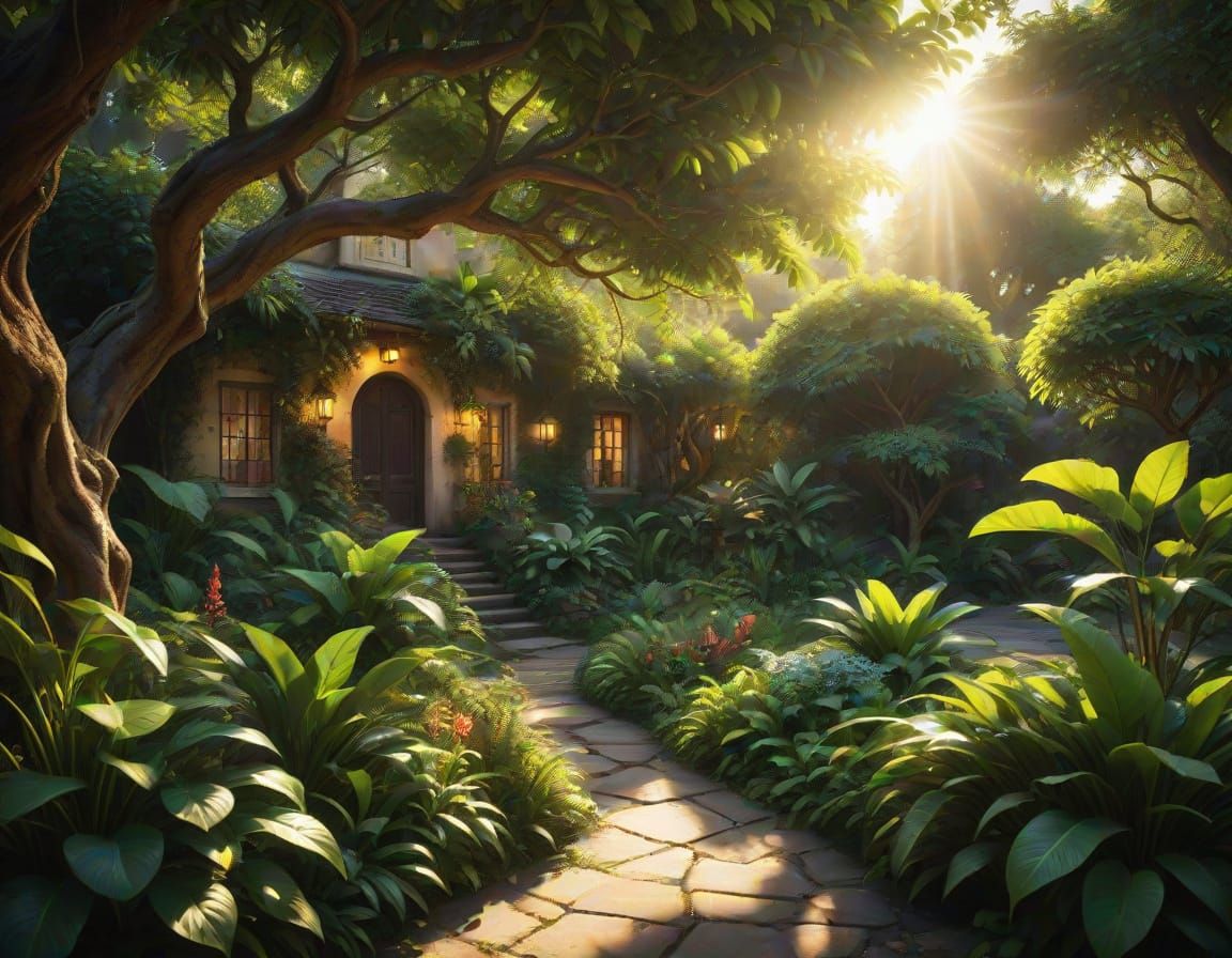 Hyper-Realistic Garden Scene in Warm Golden Light