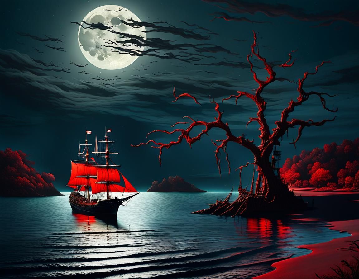 Eerie Nocturnal Frigate Anchored Under Full Moon