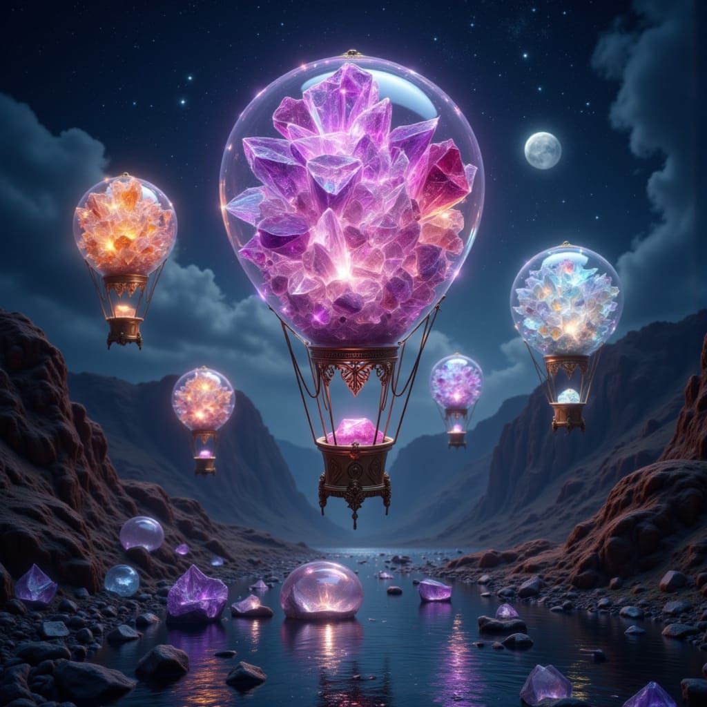 Crystal Balloons Floating Over Moonlit Canyon