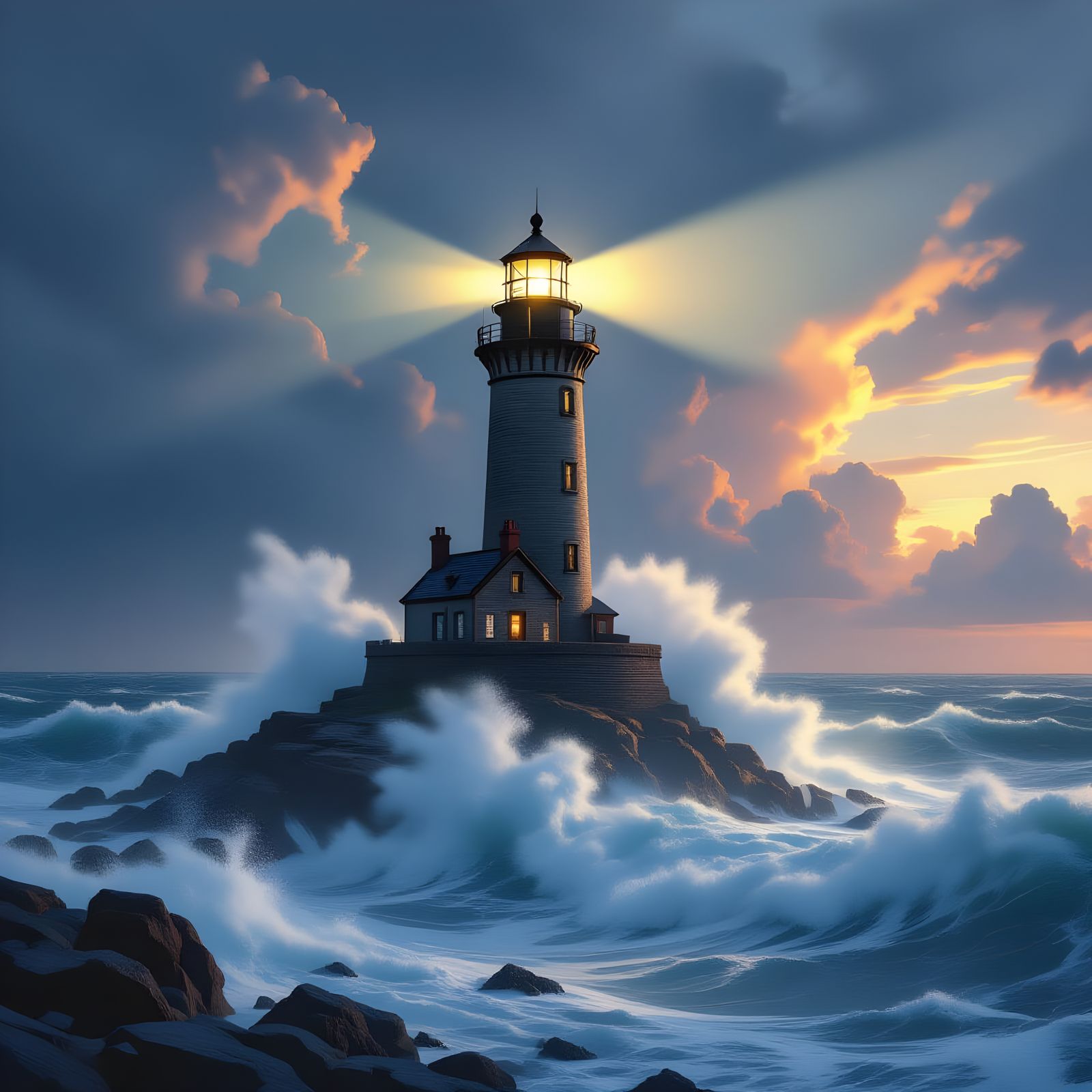 Lighthouse Against Stormy Ocean Waves: Cinematic Digital Pai...