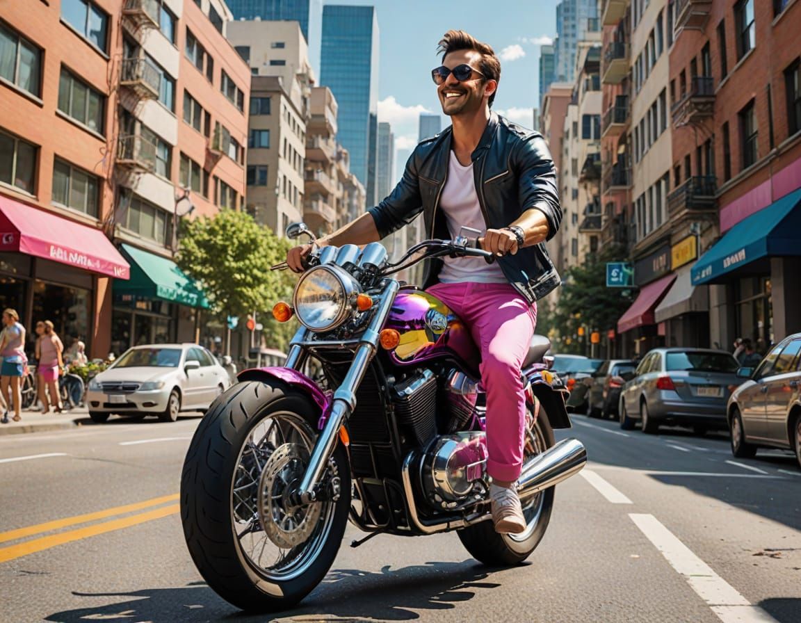 Man Rides Rainbow Motorcycle on Sunny City Street