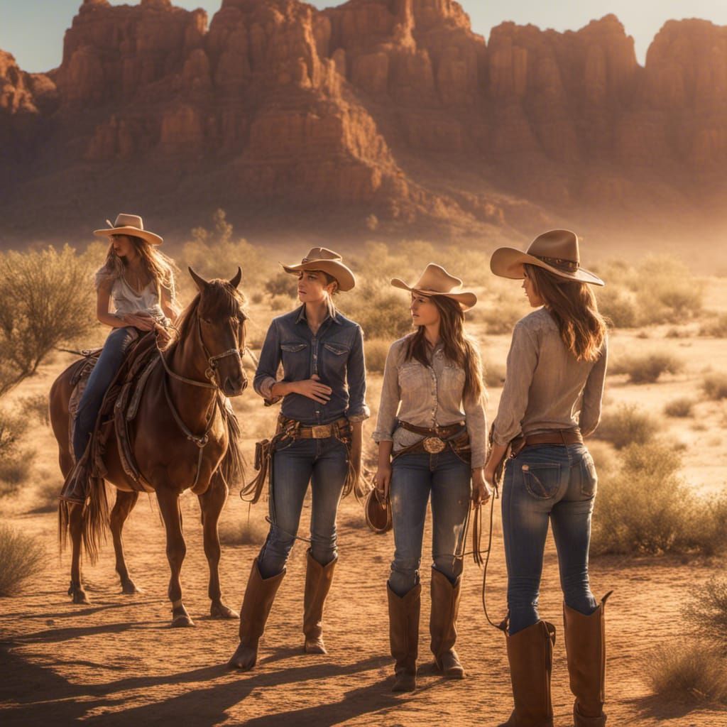 Cowgirls Entertain Cowboy in Desert Golden Hour
