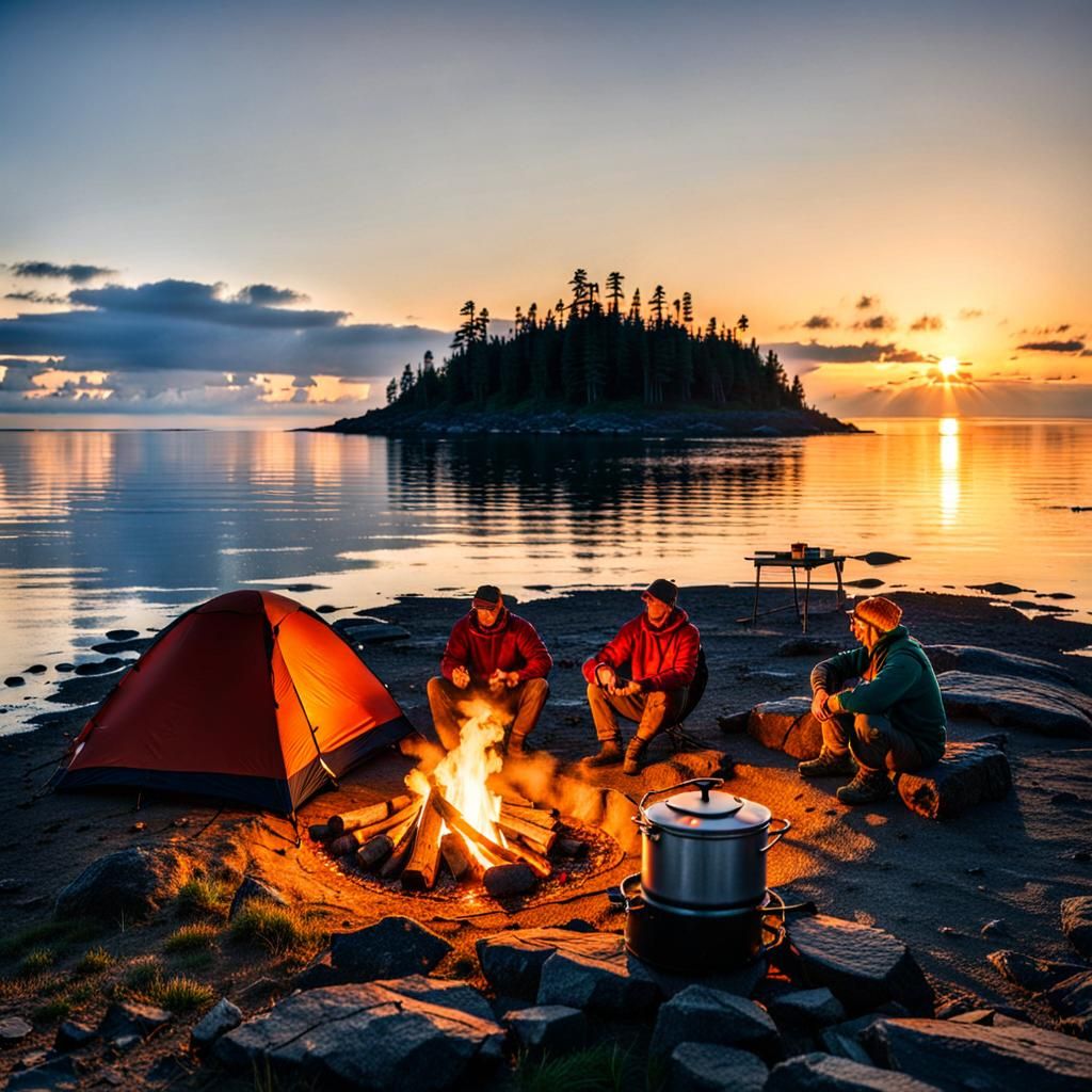 A tent with a small campfire and the campers grilling shamal...