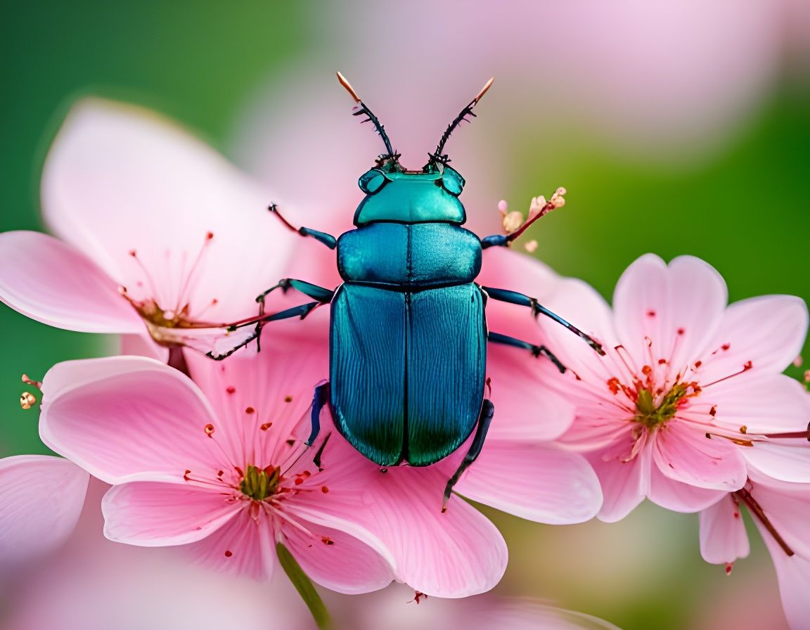 Iridescent Beetle in Cherry Blossom Macro Photograph