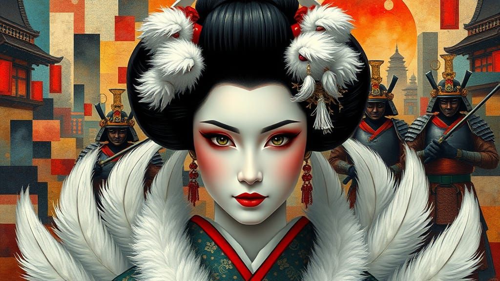 Retro-Post Impressionist Geisha Portrait with Cubist Element...
