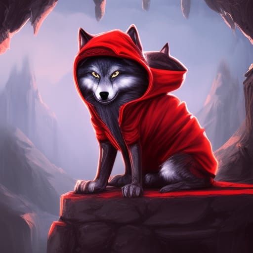 Sad Chibi Wolf in Red Hoodie: Detailed Matte Painting