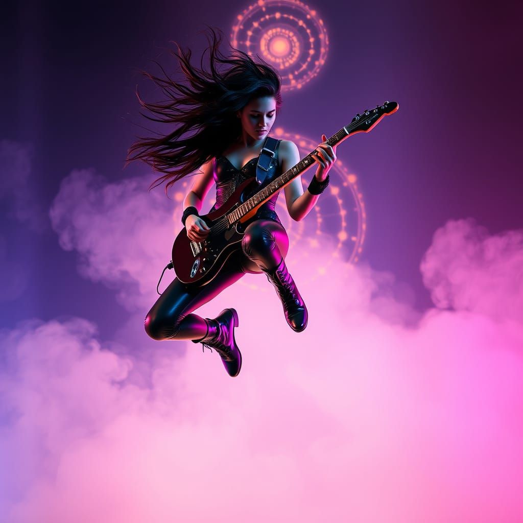 Cyber-Gothic Guitarist in Fluorescent Cosmic Dreamscape