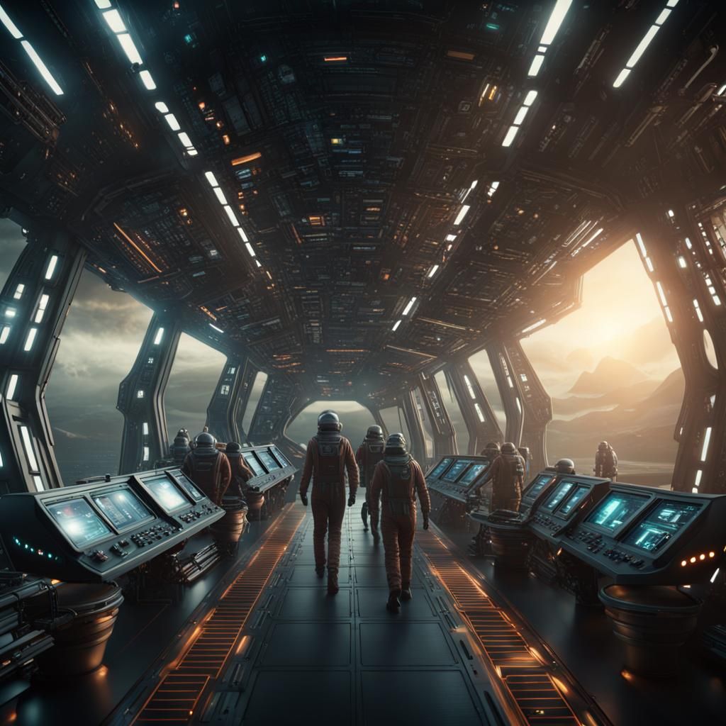 Spaceship Crew Observes Fleet in Digital Matte Painting