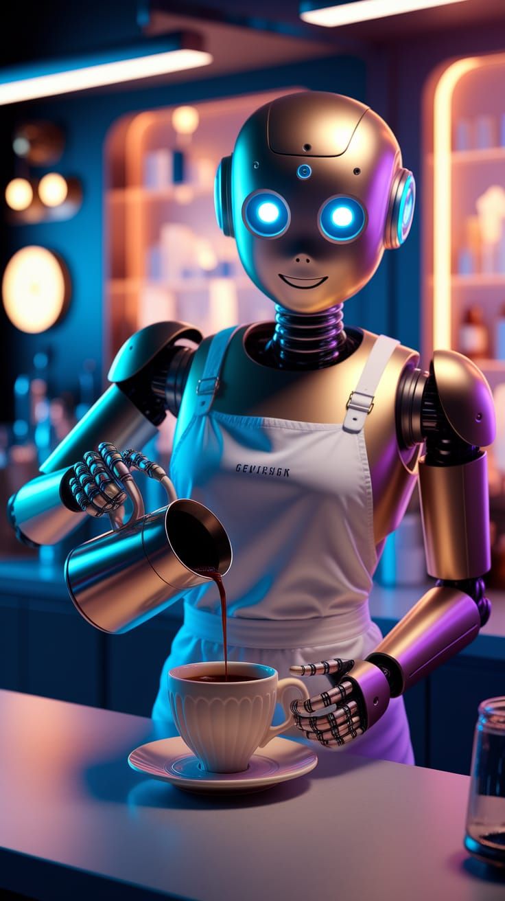 Futuristic Robot Barista in Modern Coffee Shop