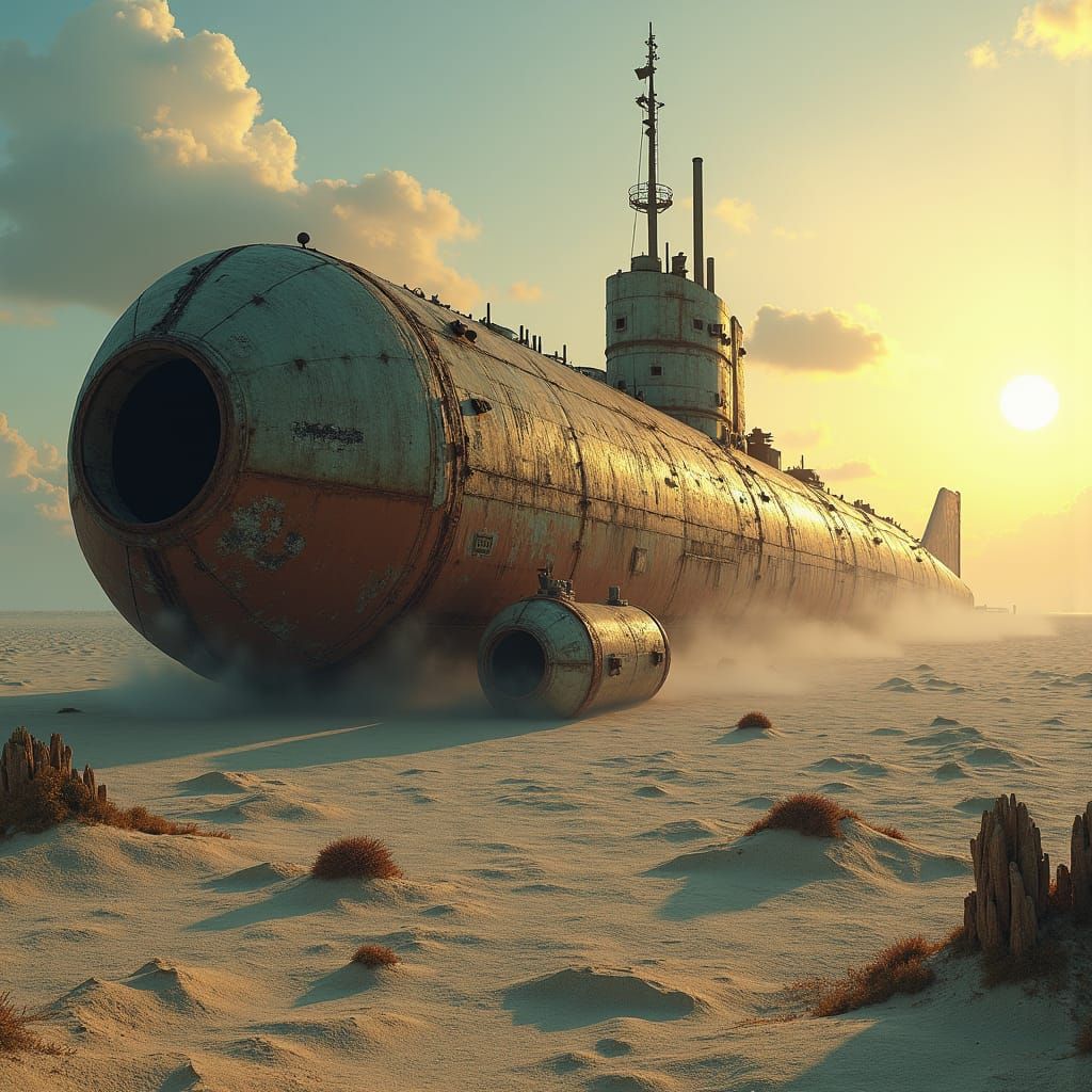 Submarine Graveyard in Dystopian Sci-Fi Landscape