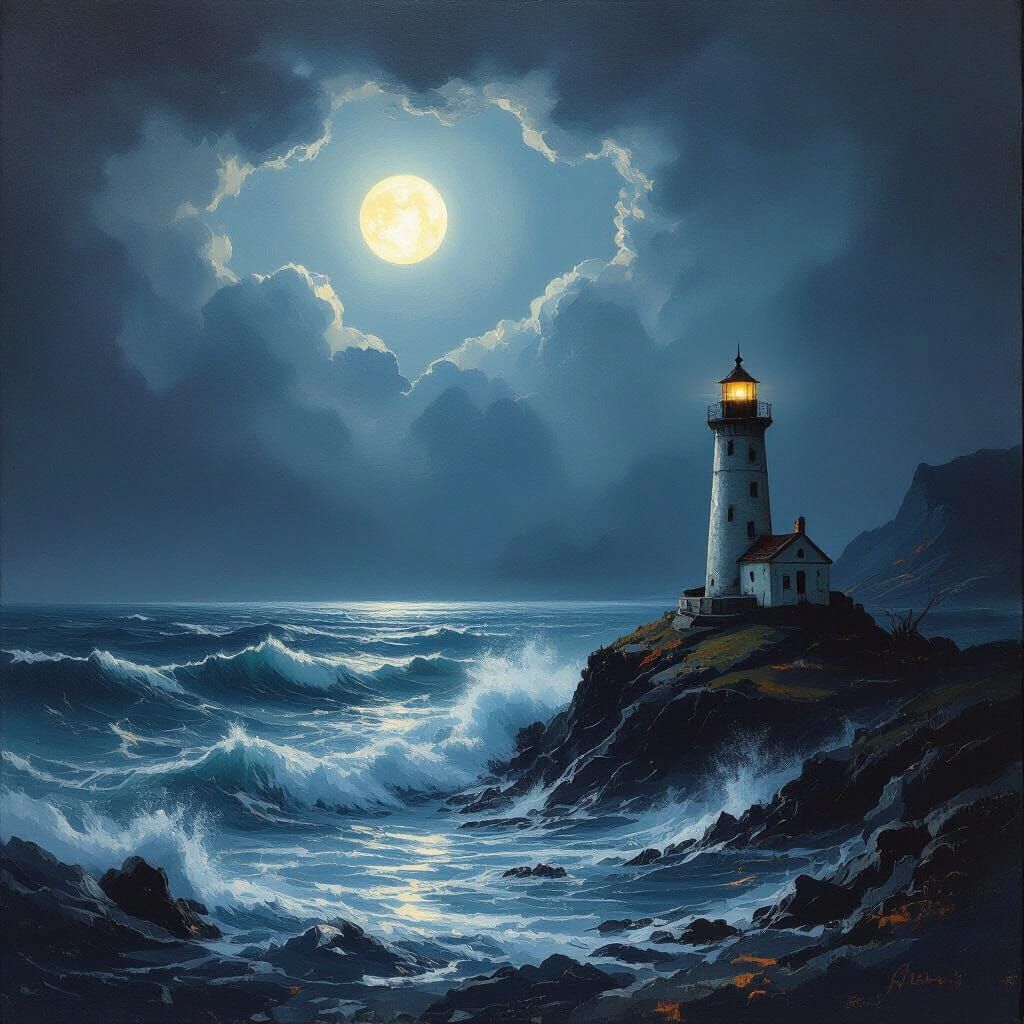 Volcano Island Lighthouse in Stormy Night