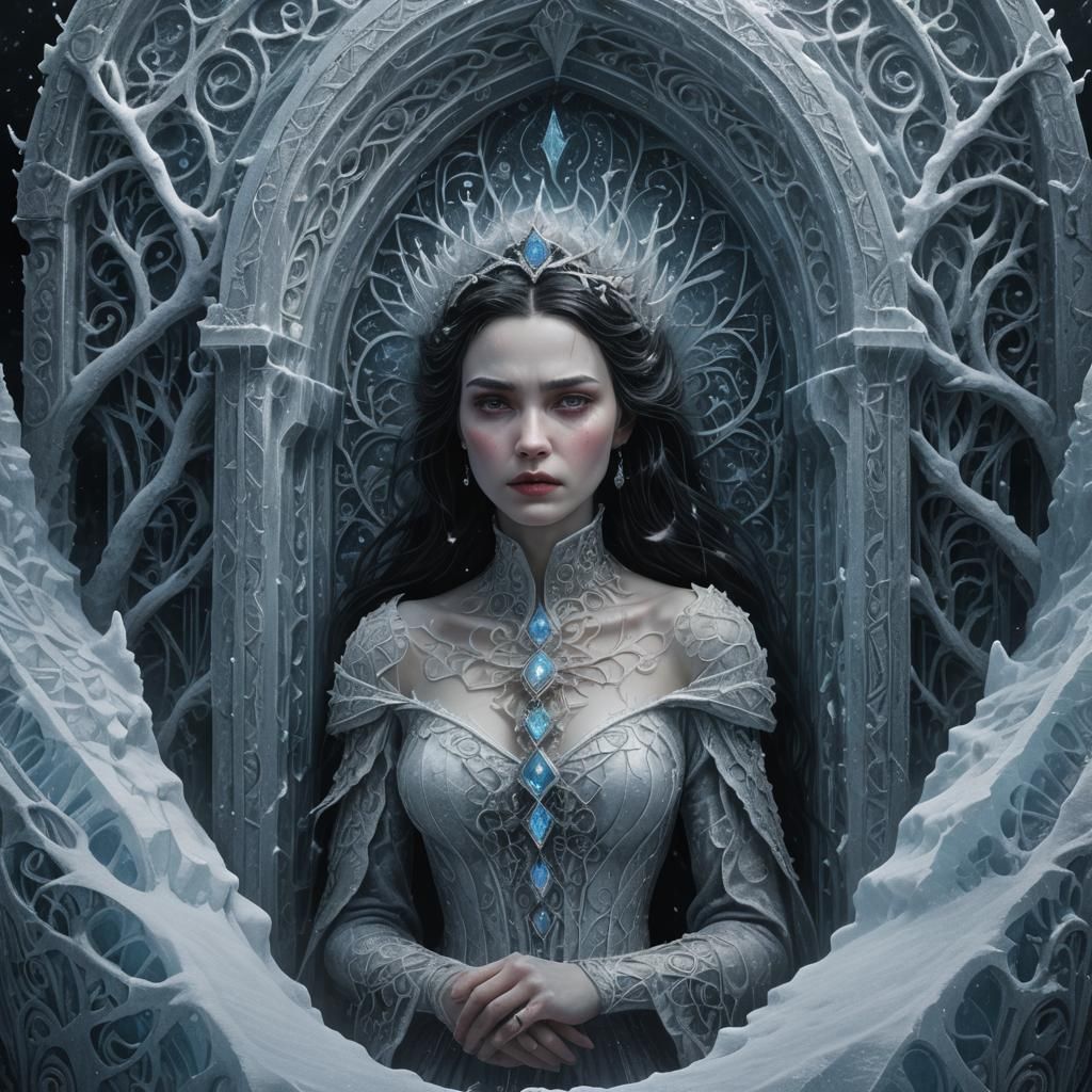 Evil Snow White in Ice Coffin: Dark Fantasy Art