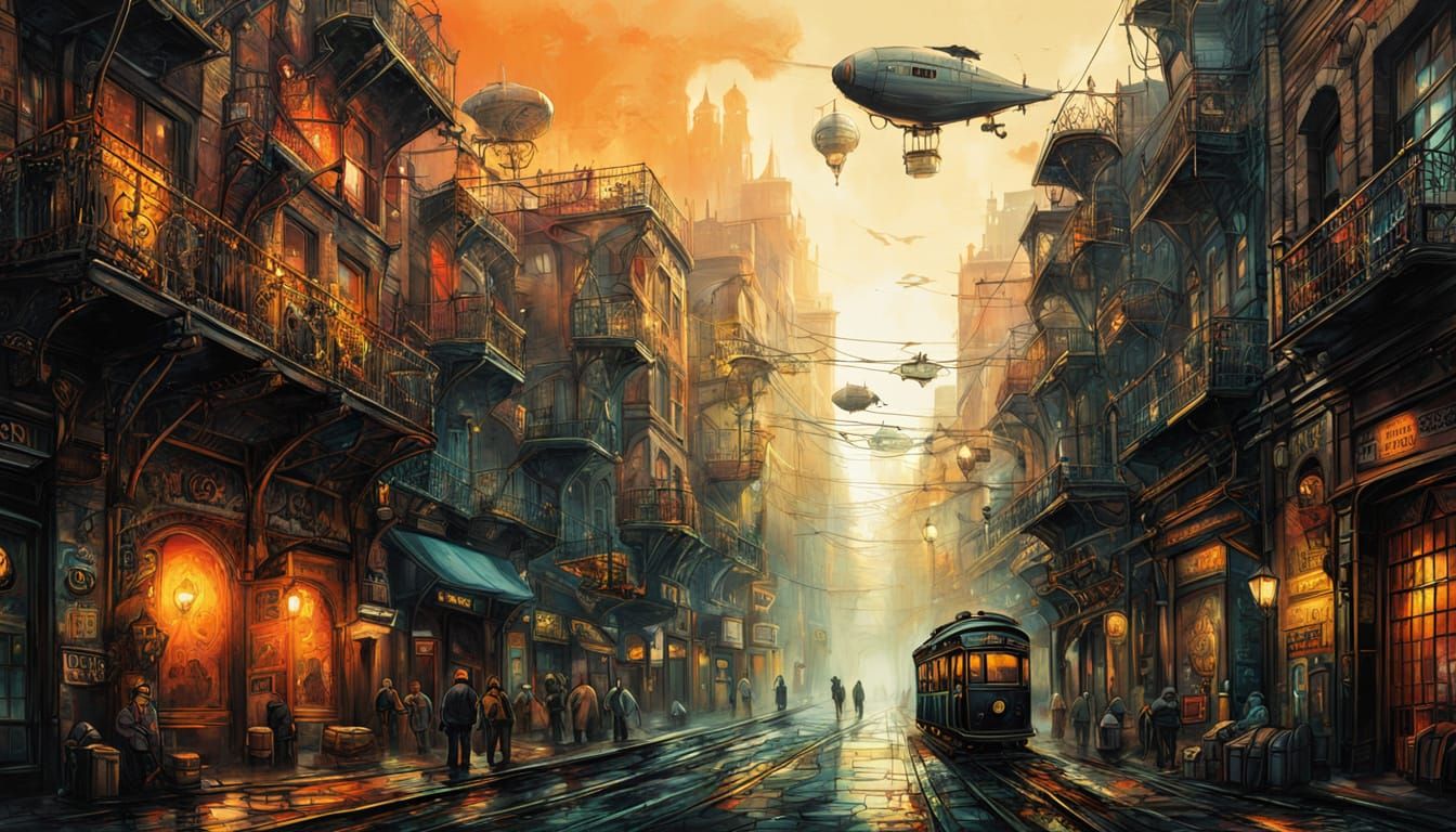 Steampunk City Street at Sunrise