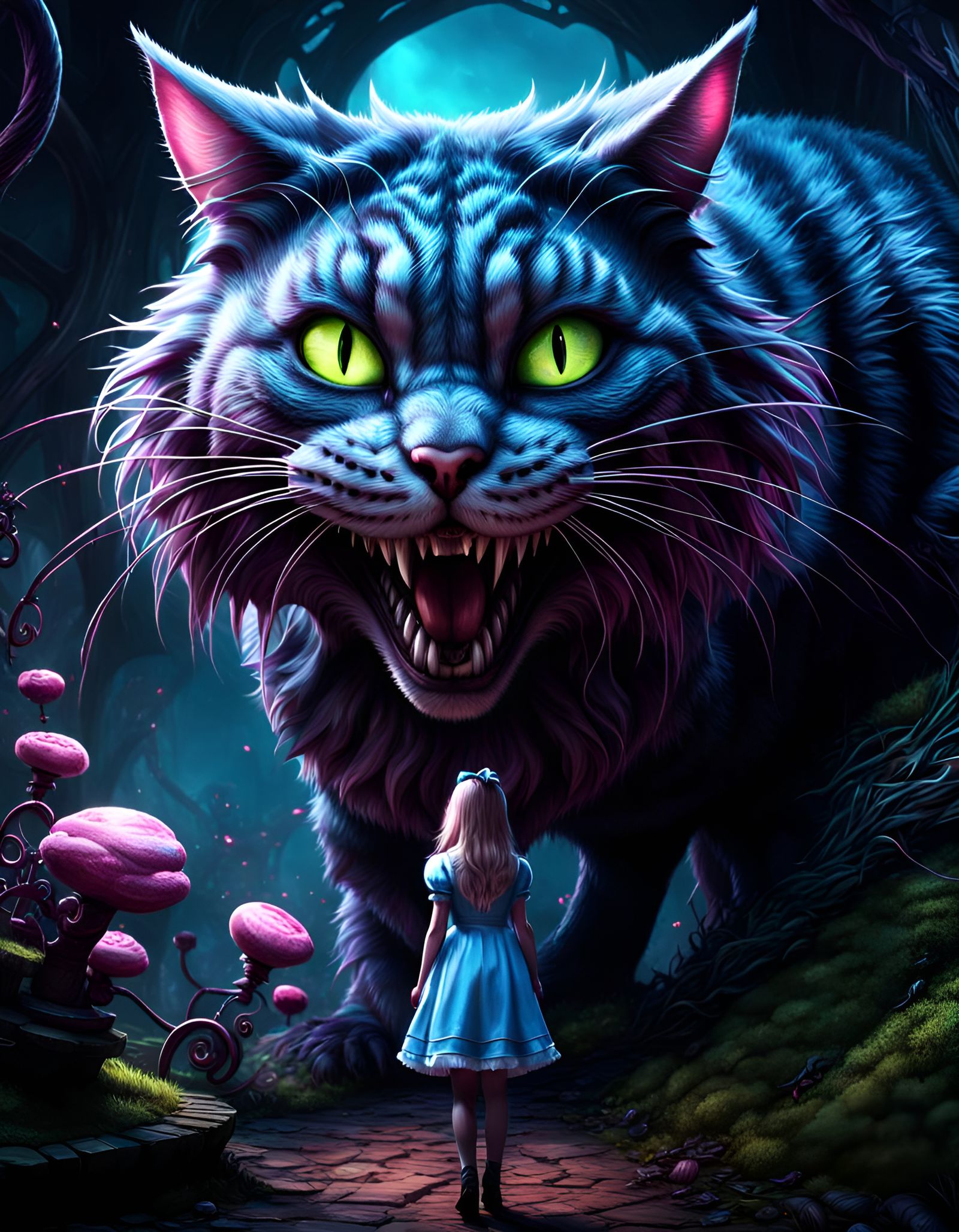 Sinister Alice and Cheshire Cat in Dark Fantasy