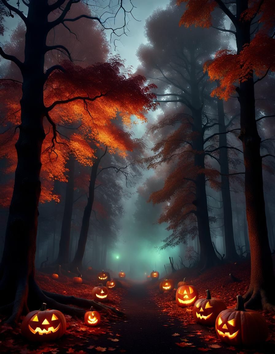 Eerie Forest Scene with Pumpkins at Twilight
