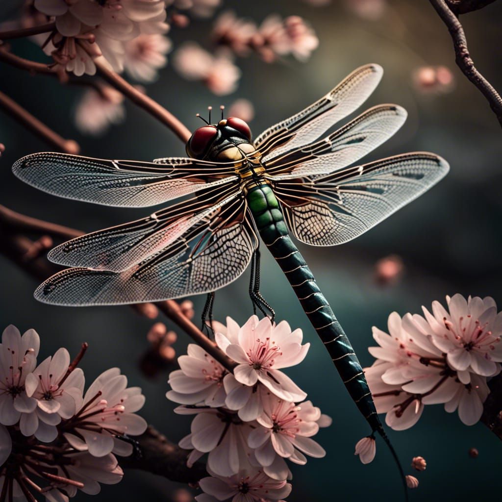 Dragonfly in Japanese Cherry Blossom Garden