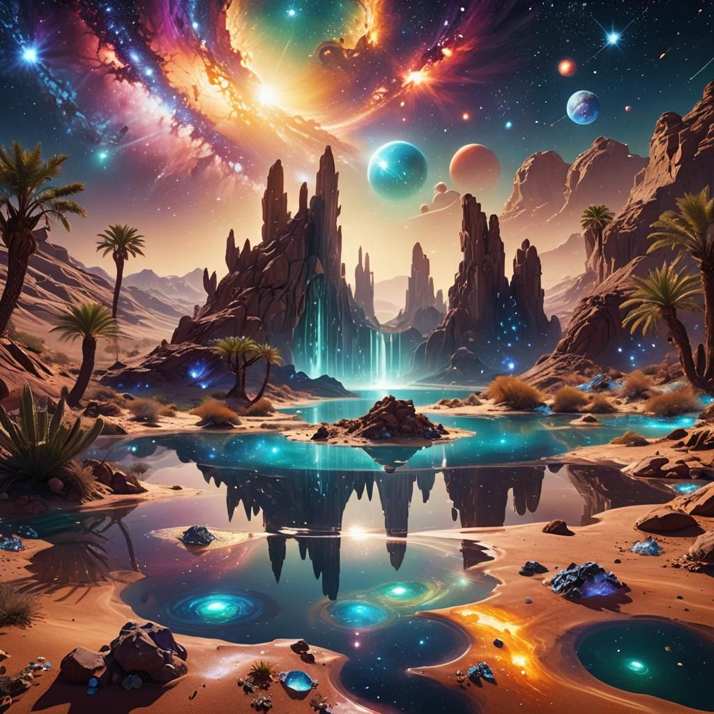 Crystalline Desert Oasis with AI Core