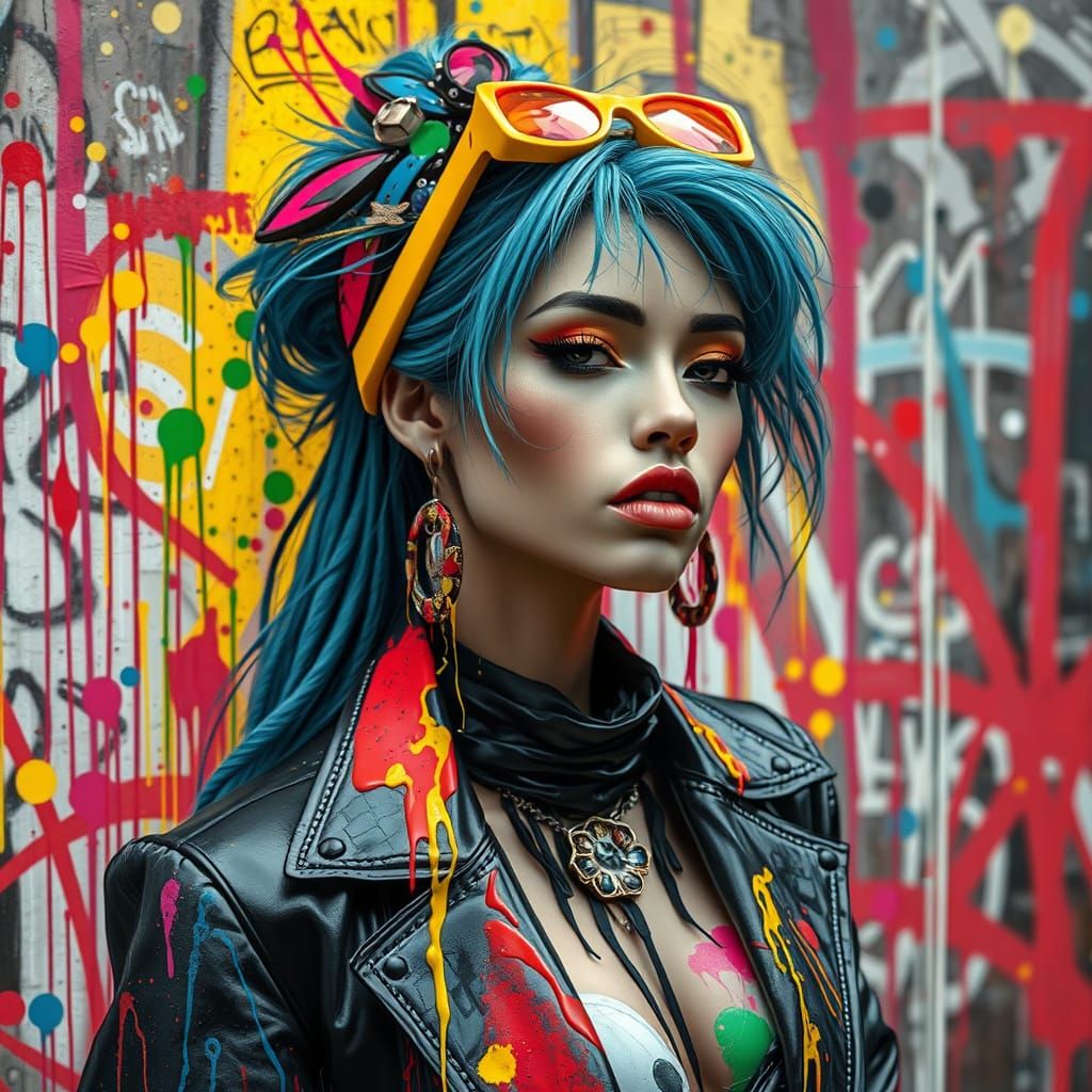 Polychromatic Woman Portrait with Graffiti Art Background