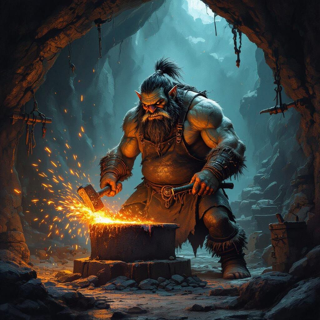 Grizzled Troll Blacksmith in Lava Cave Workshop