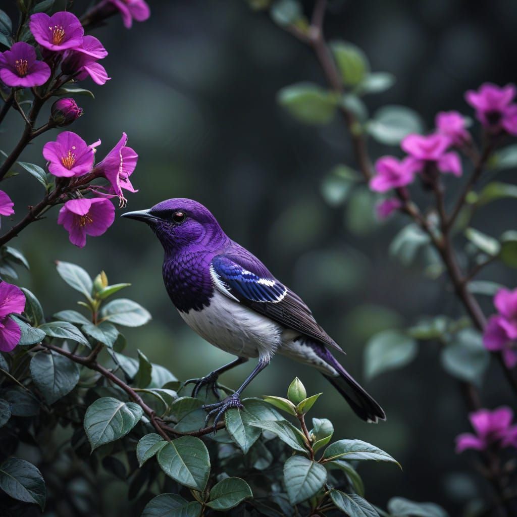 Birds Perched on Dark Rose Bush in Hyperrealistic Detail