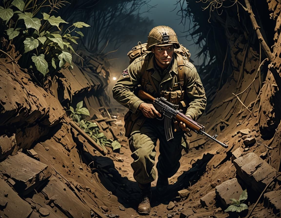 WWII Commando in Trench, Vintage Style
