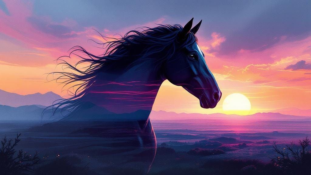 Majestic Black Horse Sunrise Double Exposure