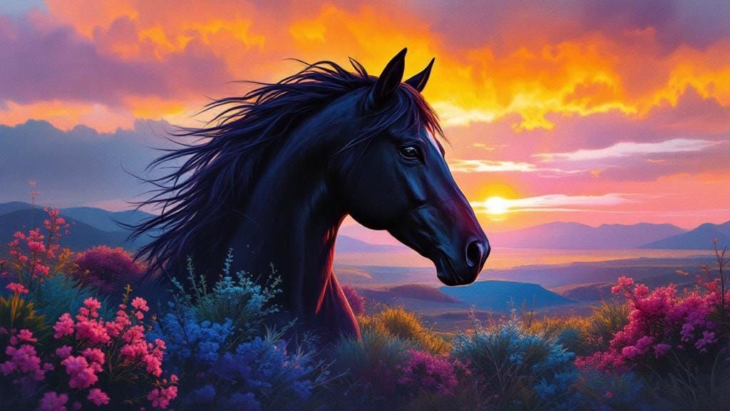 Majestic Horse Double Exposure: Steppe Sunrise Impression