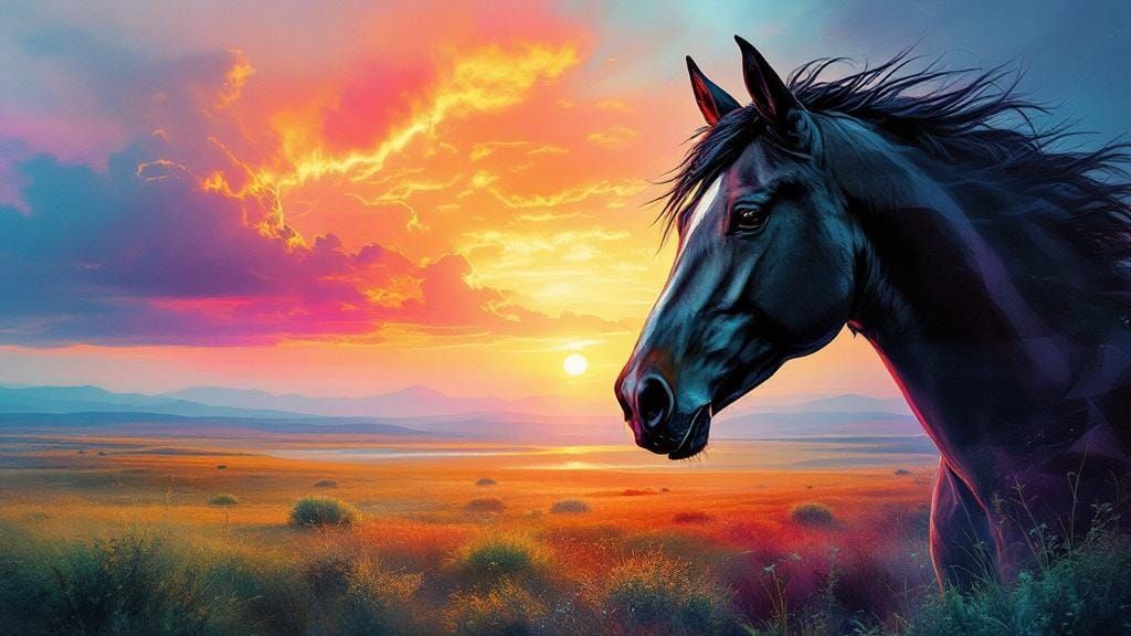 Majestic Black Horse Double Exposure Sunrise Steppe