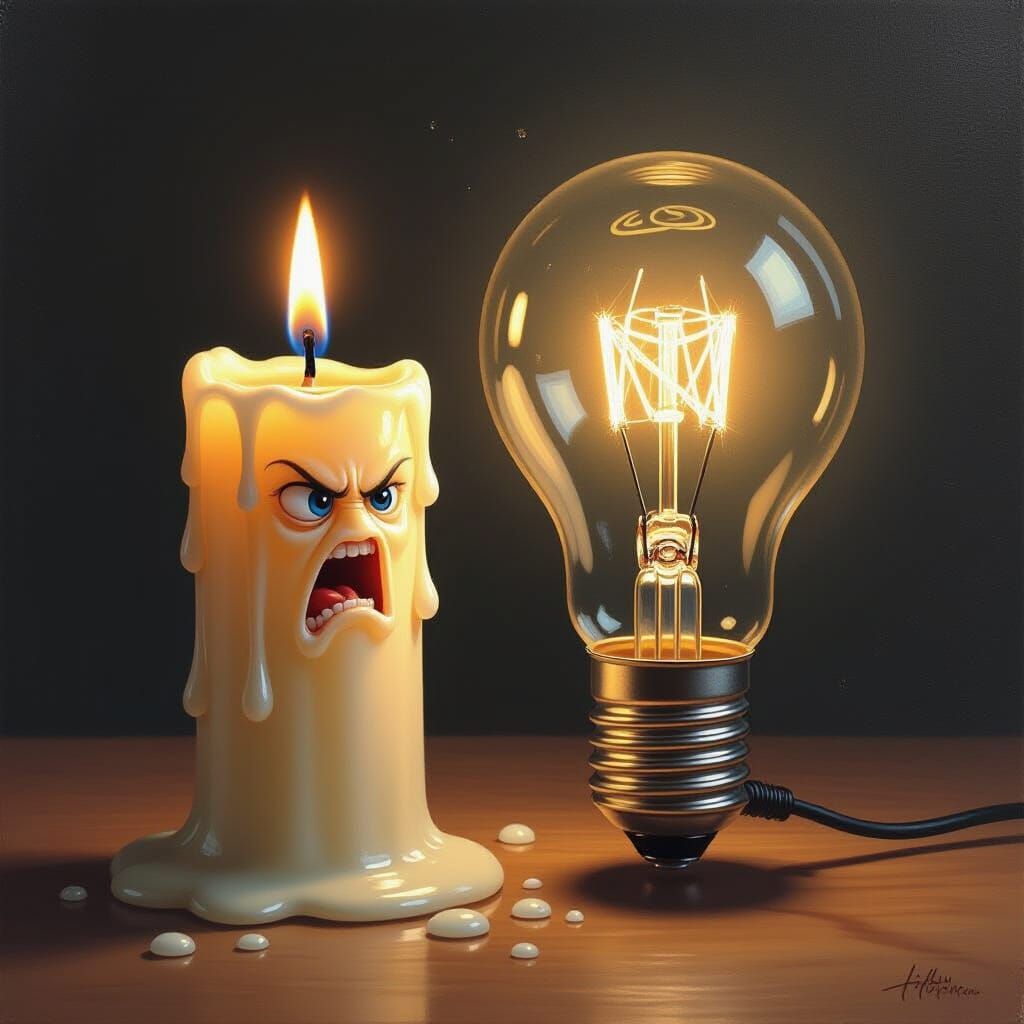 Candle vs Lightbulb: Hyper-Detailed Oil Painting