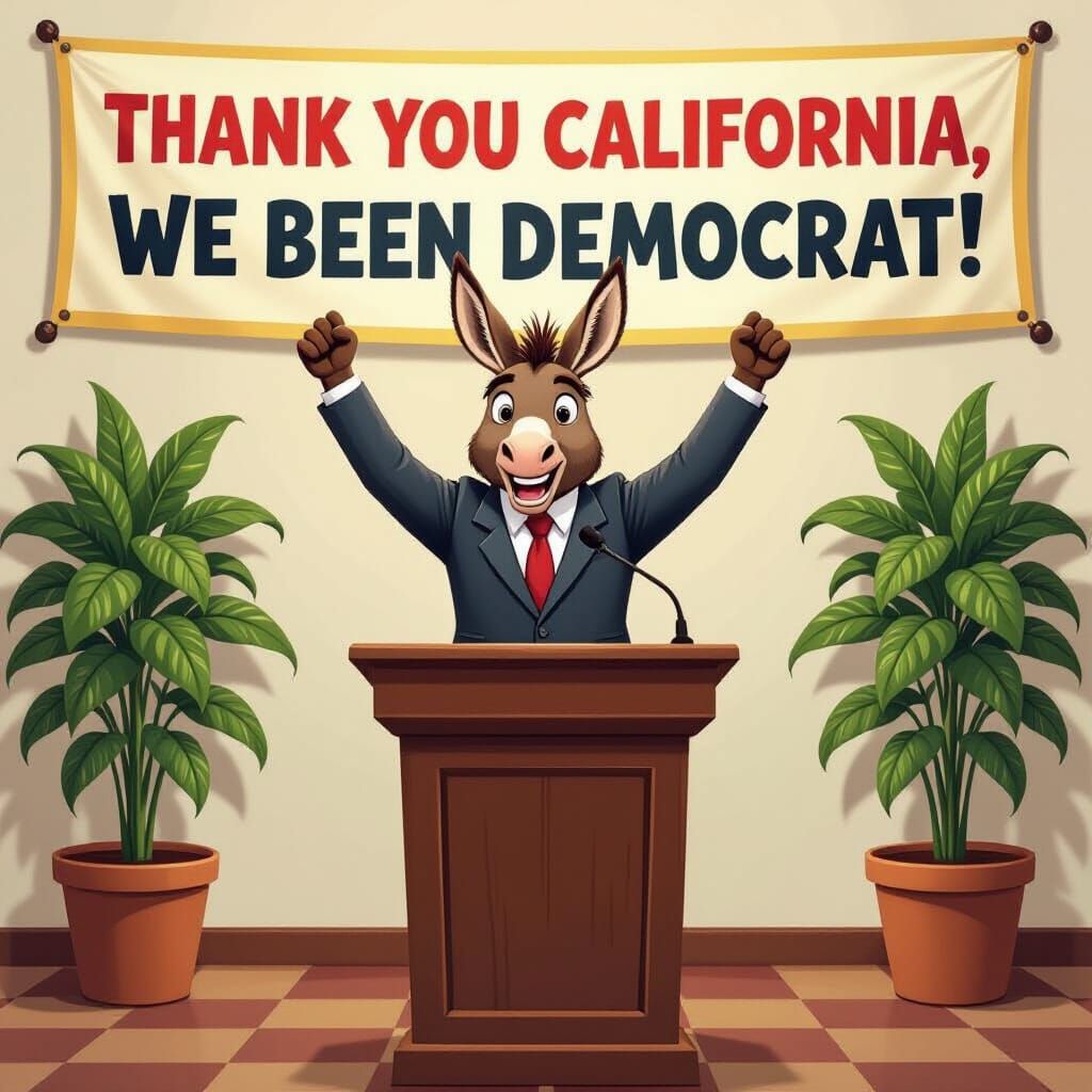 Donkey Celebrates Democratic Victory in Cartoon Style