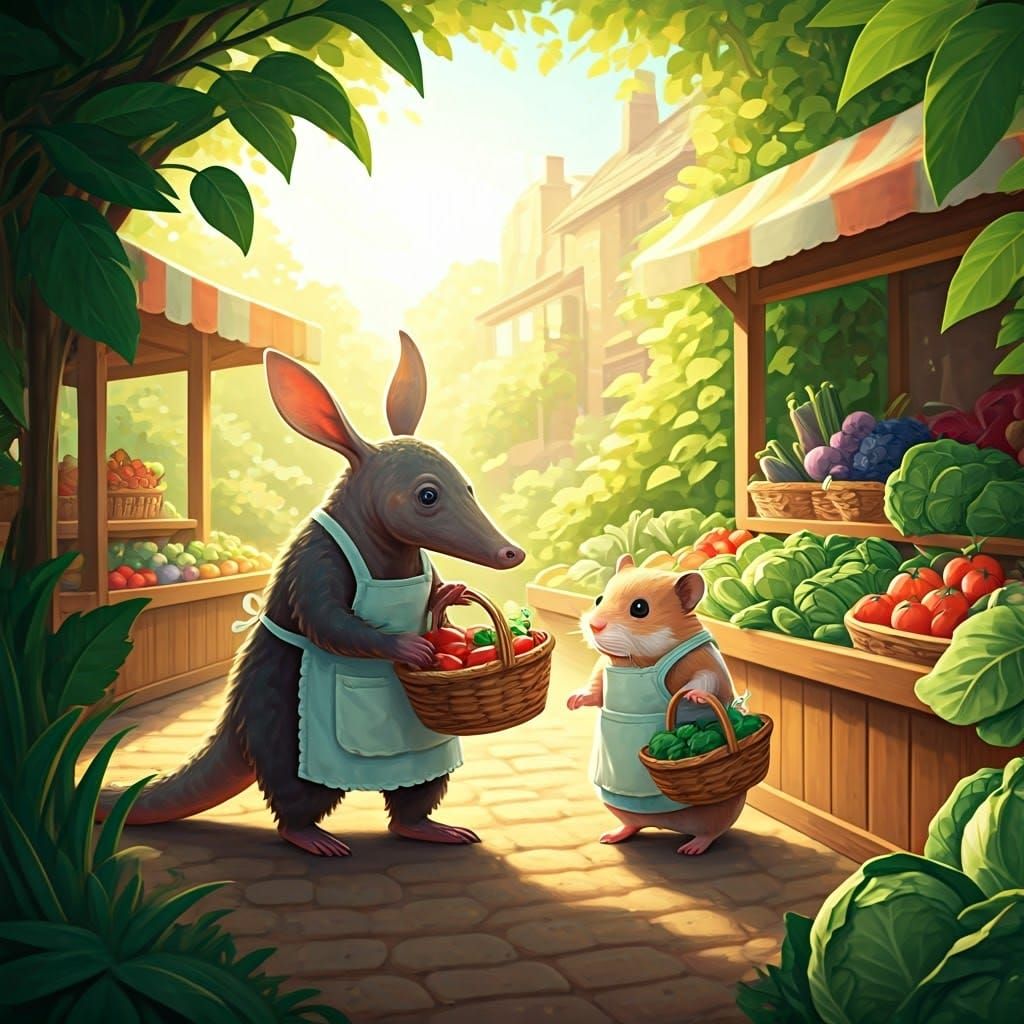 Aardvark and Hamster at Farmer's Market, Whimsical Art