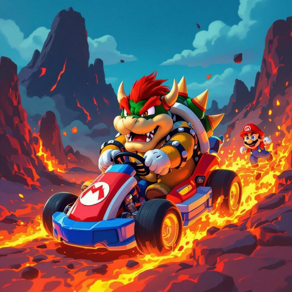 Bowser Kart Chase Through Lava Landscape