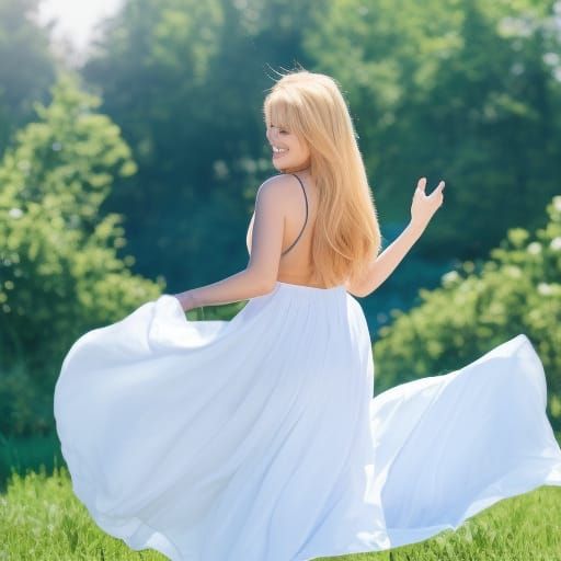 Girl in White Dress in Sunny Field