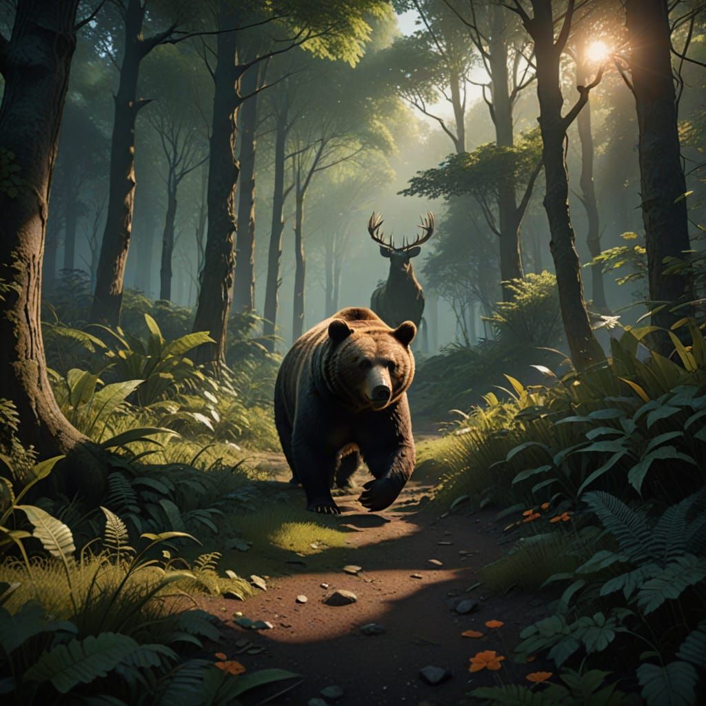Bear Chases Deer in Misty Forest Fantasy Art