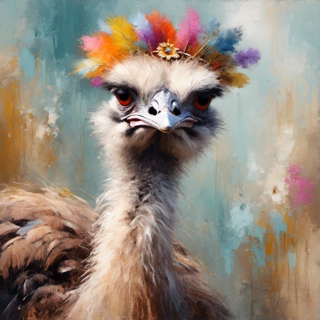 Ostrich Portrait with Crown as Oil Painting