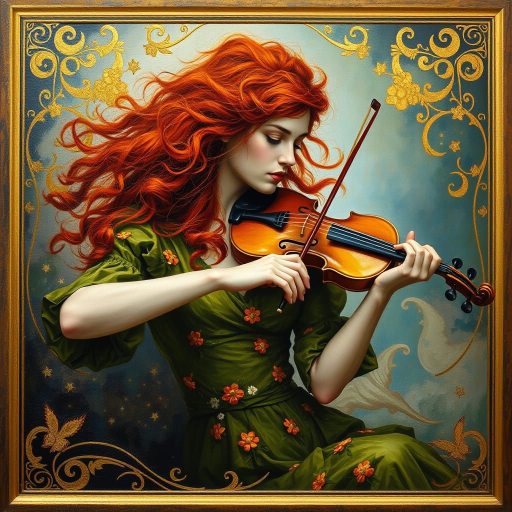 Surreal Irish Goddess Plays Fiddle in Golden Opulence