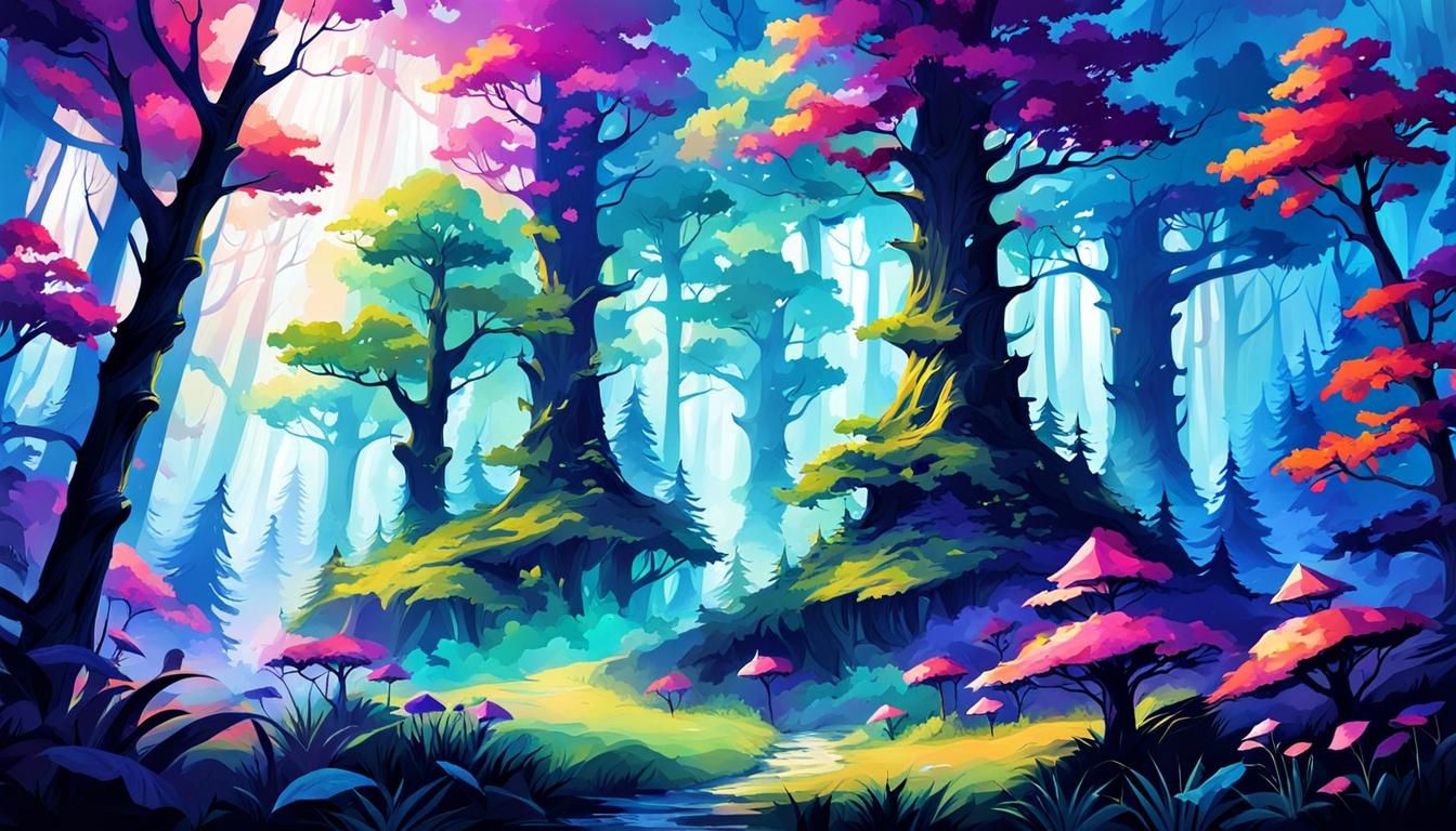 Vibrant Enchanted Forest Digital Artwork