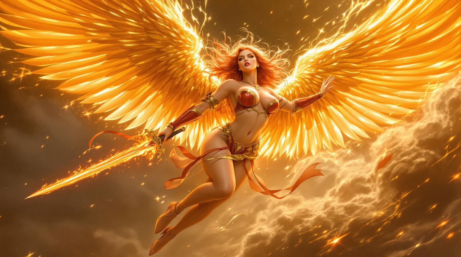 Archangel of War with Flaming Sword, Hyperrealistic