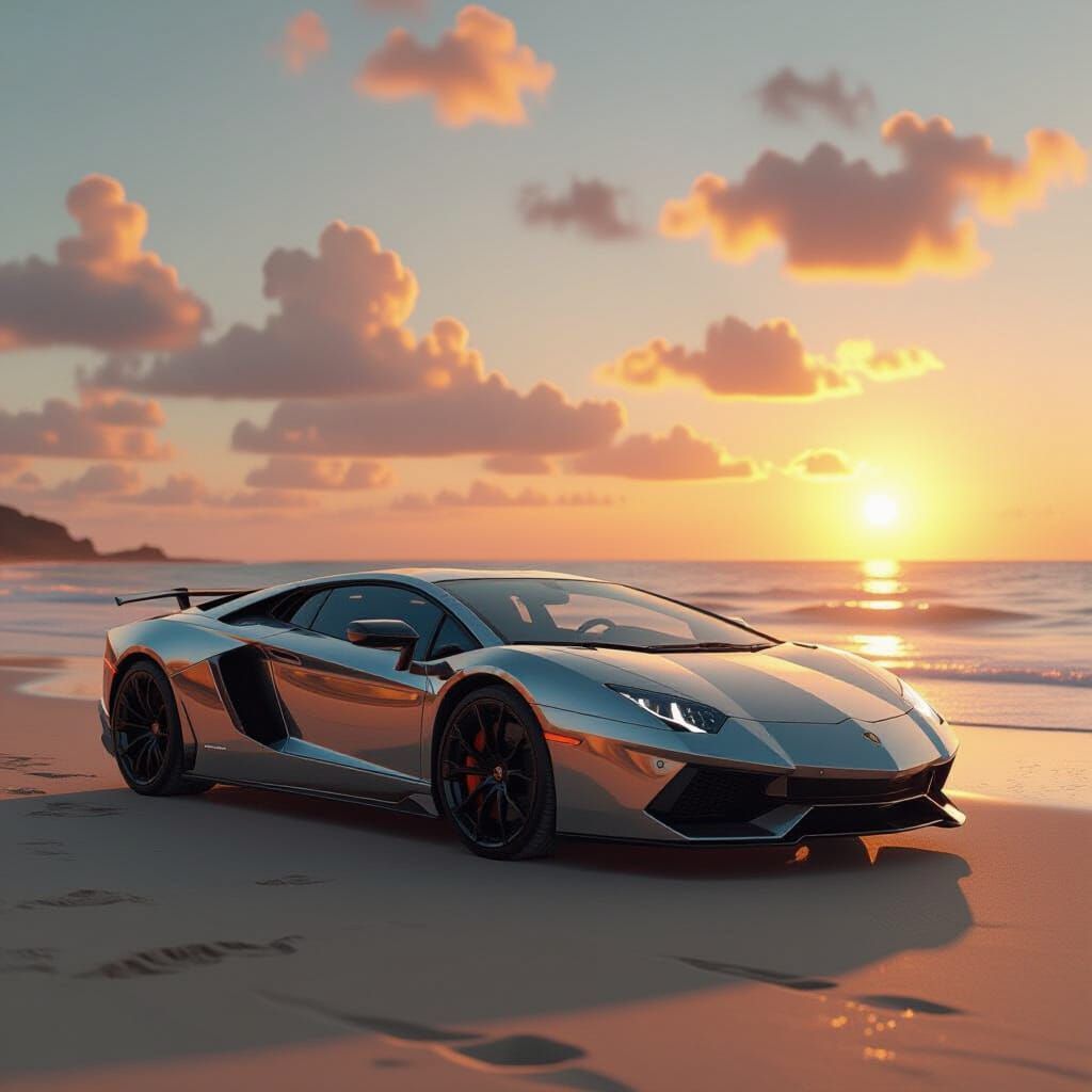 Sleek Lamborghini on Beach at Vibrant Sunset