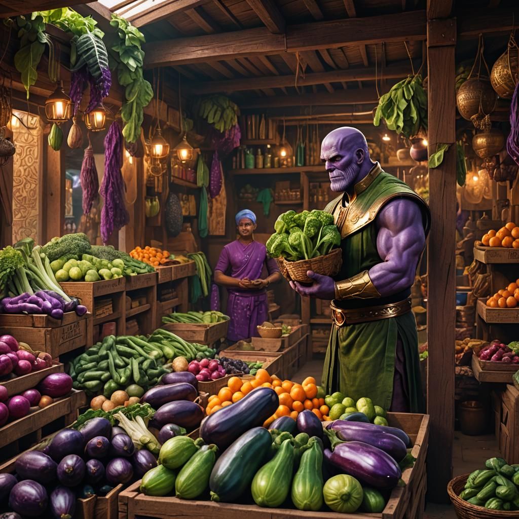 Thanos Inspects Eggplant in Indian Vegetable Shop