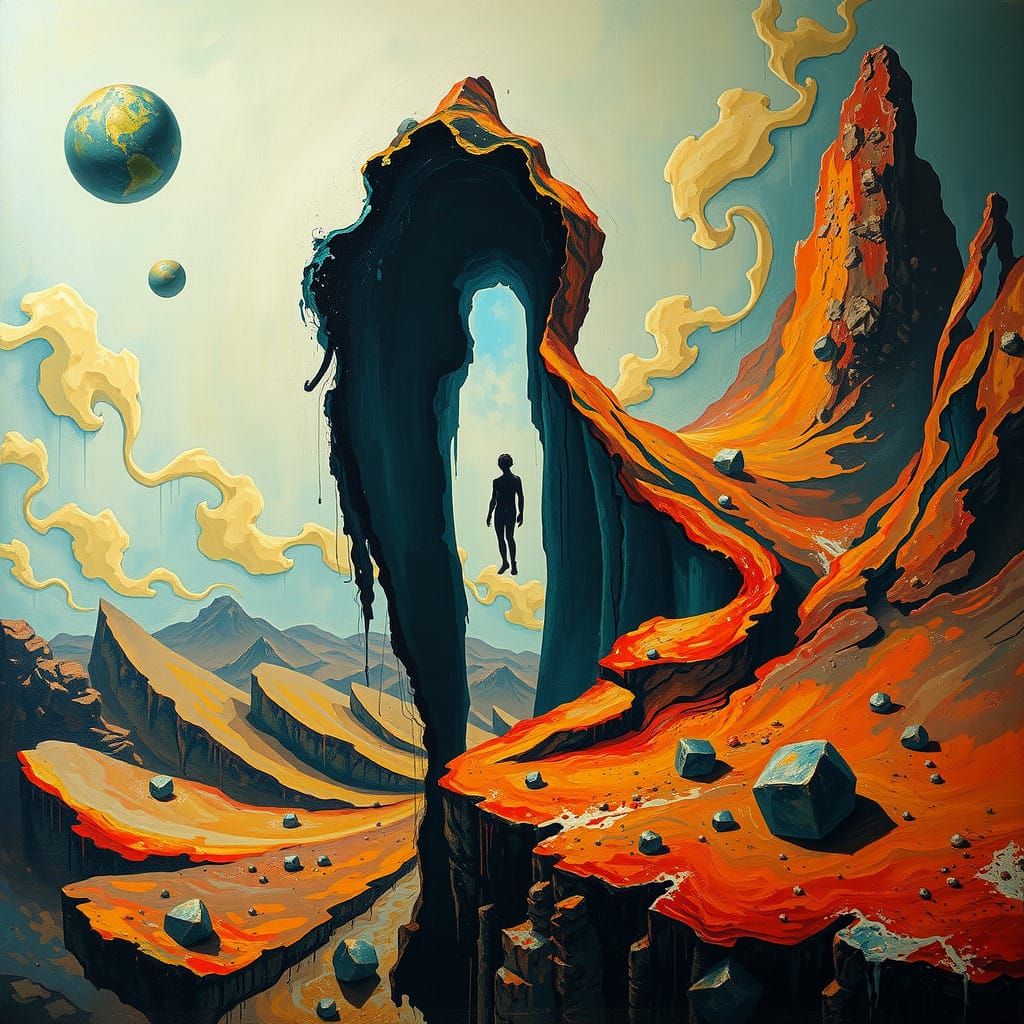 Surrealist Figure Emerges from Dreamlike Void