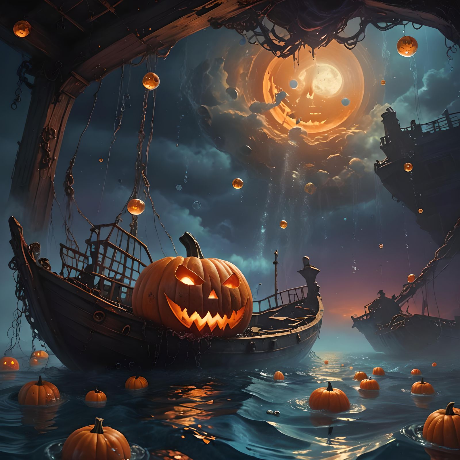 Ominous Glowing Pumpkin on Sunken Ship Underwater