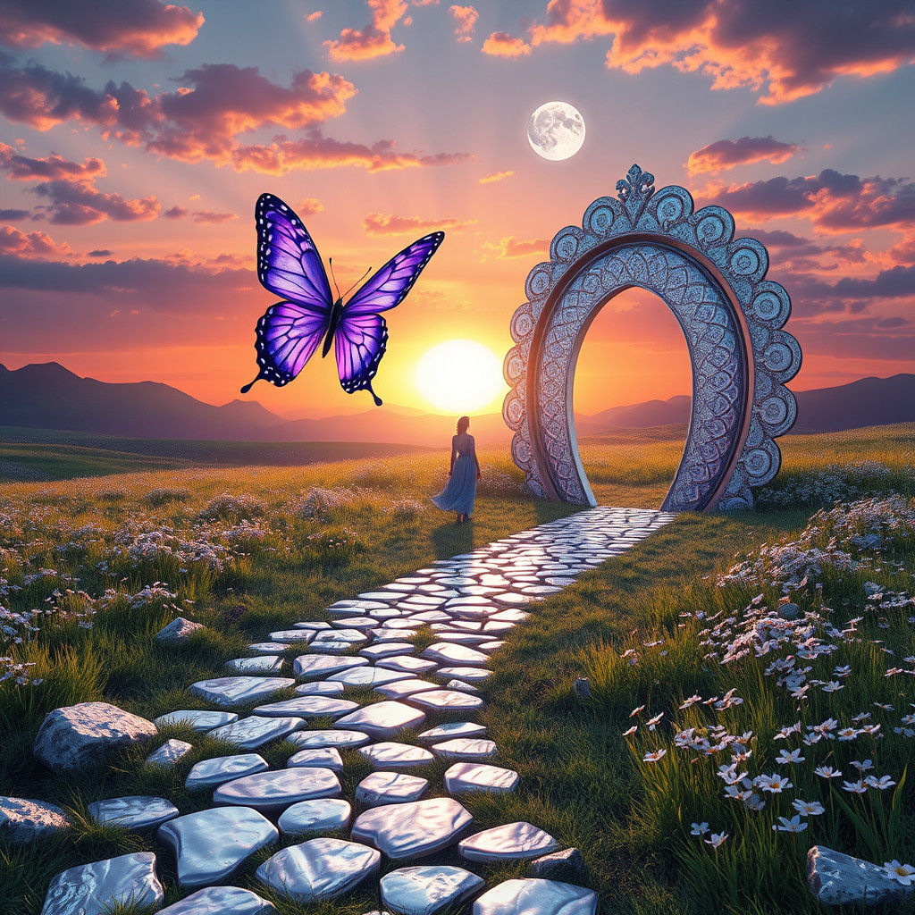 Pathway to Heaven with Purple Butterfly in Dreamlike Landsca...