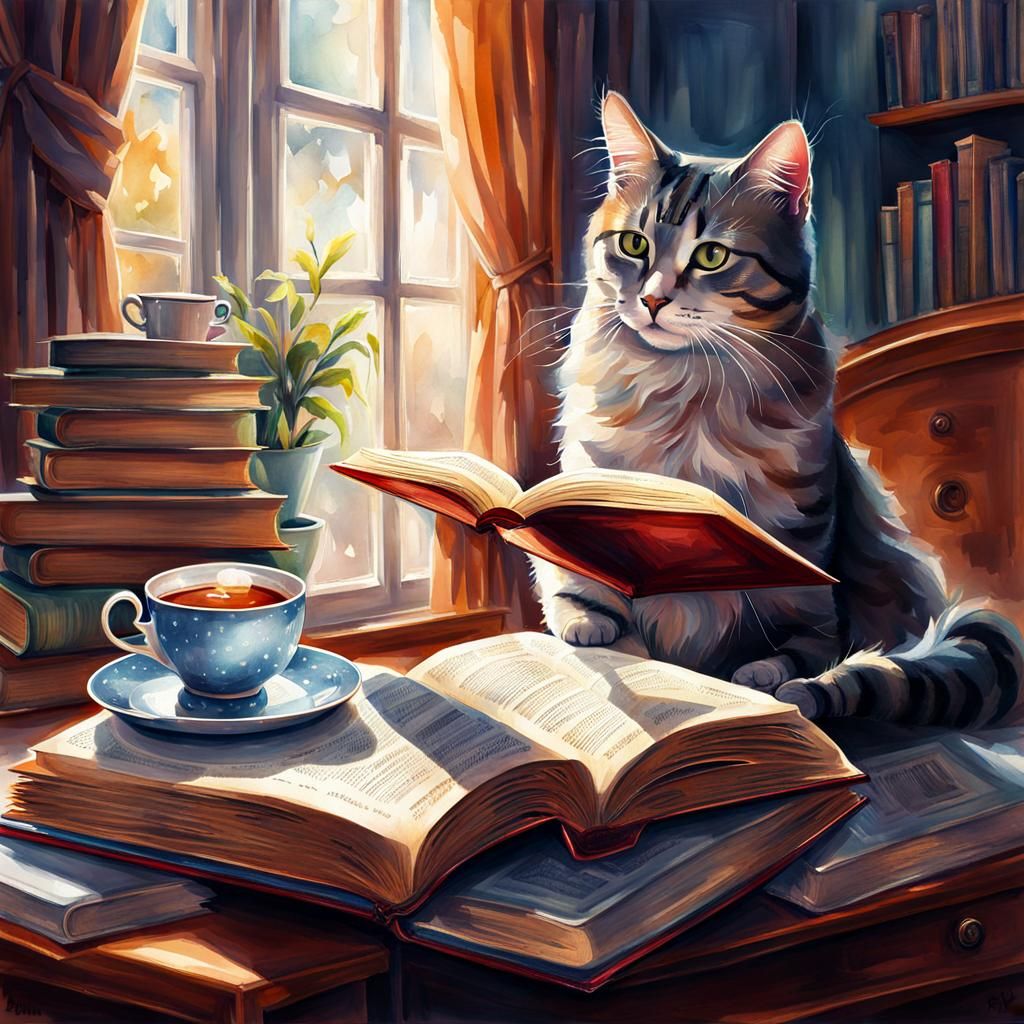 Cat, Book, and Tea: Energetic Digital Watercolor Illustratio...